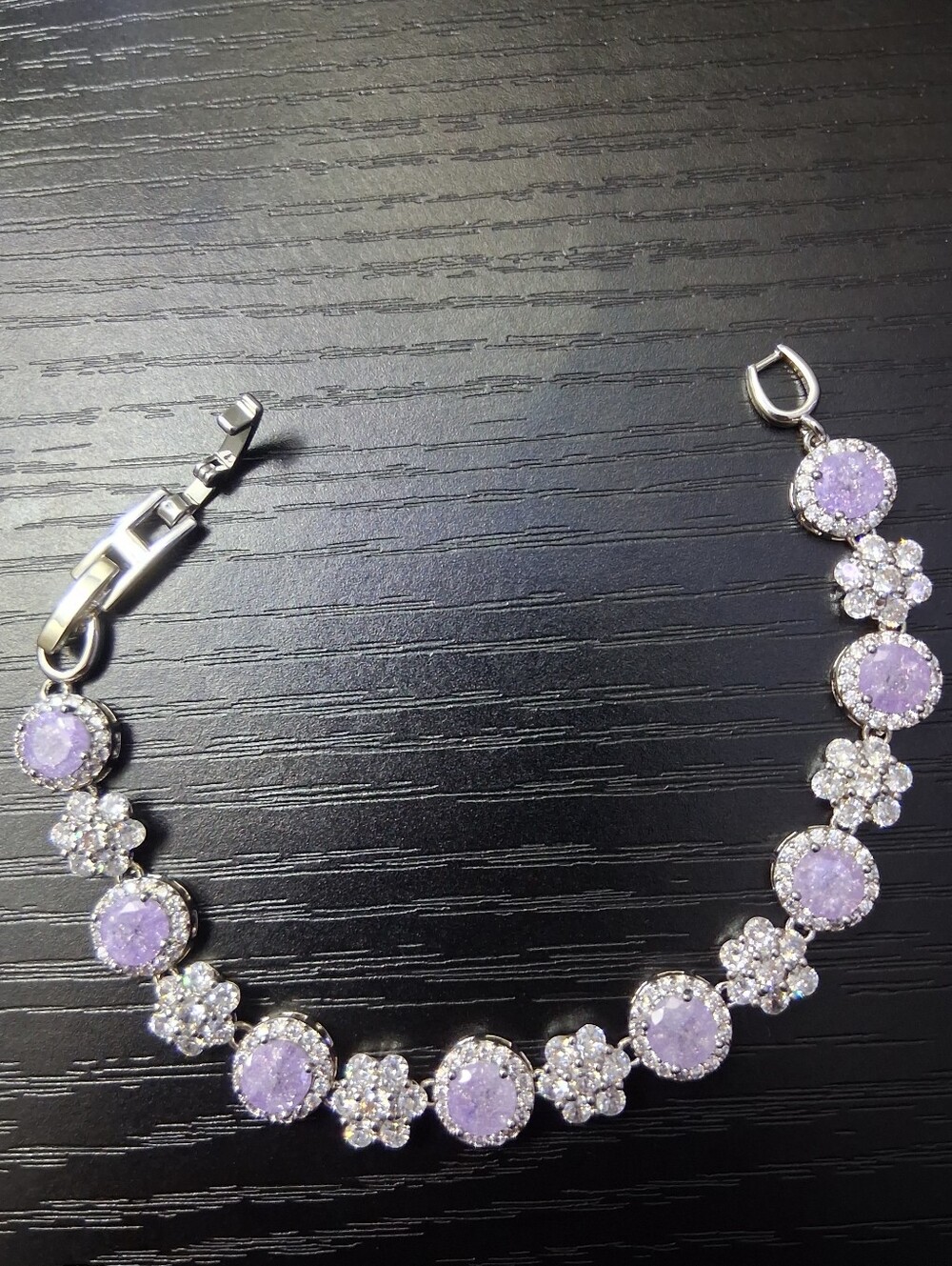 Pretty Purple Round And Flower Silver CZ Tennis Bracelet